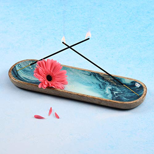 Folkulture Incense Holder Or Incense Burner Holder, Modern Insence Ash Catcher Or Insense Stick Holder For Table Décorations, Wooden Incense Tray For Sticks, Boho Gifts, Mango Wood, Blue #TOP4