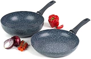 Russell Hobbs COMBO-4840A Nightfall Stone Frying Pan and Stir Fry Pan 2 Piece Pan Set, 28 cm, Use on All Hob Types Including Induction, Cook with Less Oil, Soft Bakelite Handle, Blue Marble Aluminium