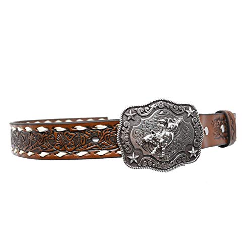 Nocona Boots Boys' 1-1/4" Bull Rider Floral Embossed Leather Western Belt Buckle, Tan, 284