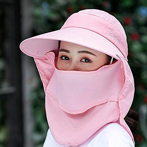 Image of Women Wide Brim Face Mask Sun Hat Detachable Neck Face Flap Ponytail UV Protection Visor Hat Garden Fishing Hiking