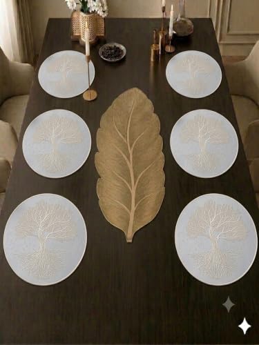 Image of Dakshya Industries PVC Waterproof Round Table Placemats & Table Runner Combo | 6 Round Mats (38 x 38 cm) + 1 Runner (91 x 33 cm) | Heat Resistant, Washable, Non Slip (Ravesta)