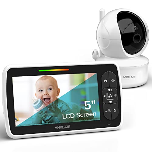 Image of ANMEATE Baby Monitor with Camera and Audio -5 inch Large LCD Display, Remote Pan& Tilt &Zoom Camera, Two-Way Audio,Temperature Monitoring, Lullabies, Night Vision, 960ft Long Range
