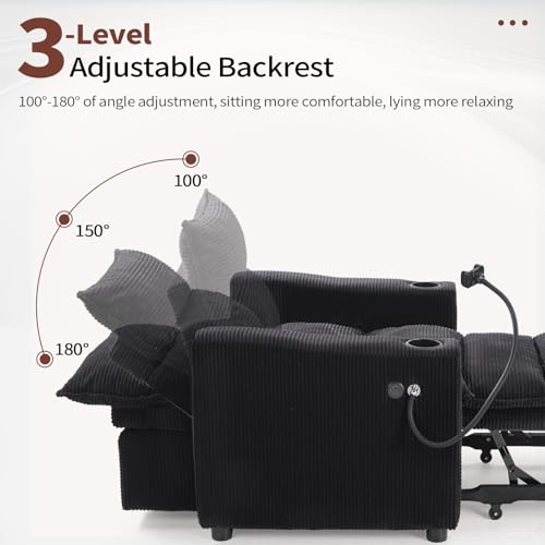 Image of Corduroy Sleeper Sofa Bed with Cup Holders, 3-in-1 Convertible Pullout Futon Couch with Phone Holder&USB Charge Port, Single Armchair with 3-Level Adjustable Backrest for Living Room