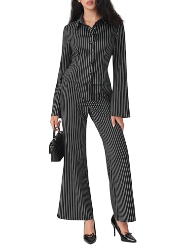 CIDER Womens Striped Button Down Blouse Bell Sleeves Fitted Dressy Casual Collared Crop Tops Y2K Office Siren Clothes2