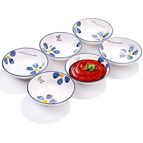 Soy Sauce Dish Set of 6, Japanese Sauce Dish for Sushi, Blue Plum Cover