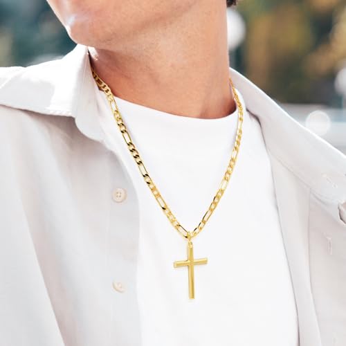 14k Gold Cross Necklace for Men Large Gold Cross Pendant Figaro Chain for Mens 14K Chain 5mm Masculine Appeal 20, 22, 24 INCH3