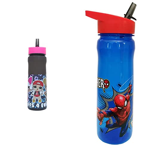 Image of LOL Surprise Water Bottle with Straw – Reusable Kids 600ml PP Drinking Bottle – in Blue and Pink & MARVEL 1325 1698 Spider-Man Hero Reusable Water Bottle, Blue and red, 600ml
