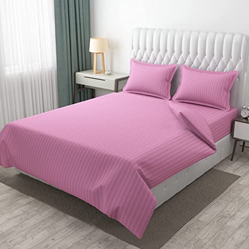 Image of 300 TC Glace Cotton Plain Stripe Queen Size Single Bedsheet with 1 Pillow Cover for Home, Hotel, Guest Room (60 X 90) Inch Pink Pack 1