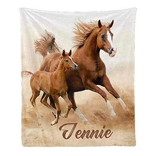 Custom Blanket with Name Text,Personalized Running Horse Super Soft Fleece Throw Blanket for Couch Sofa Bed (50 X 60 inches)