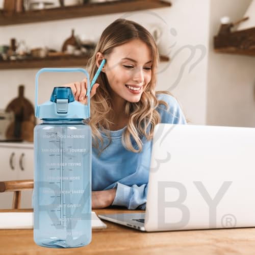 Image of RABBY 2L Motivational Water Bottle for Kids & School Use | Time Marker, BPA-Free, Leakproof Straw Lid, Carry Strap | Plastic Water Bottle for Travel, Sports, Gym, Office (Sky Blue 1Pcs)