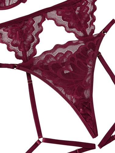 Image of Lilosy Sexy Choker Floral Lace Scallop Sheer Underwire Push Up Garter Belt Lingerie Set 3 Piece