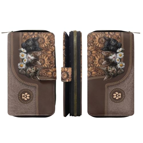 Image of COEQINE Ladies Wallets Pink Leopard Heart Black Printed Leather Phone Long Clutch Purses Check Coin Change Holder