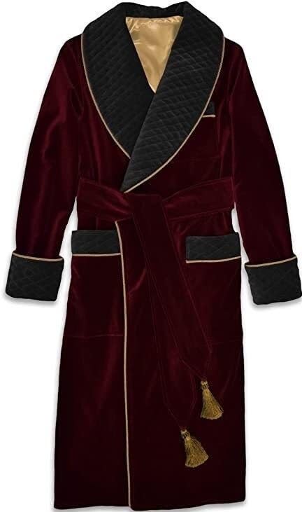 Men's Smoking Robe Maroon Velvet Coat Long Comfortable Quilted Robe For Men Belted Jacket
