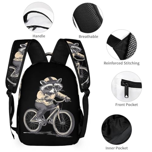 Raccoon Riding A Bike Travel Backpack Lunch Box Pencil Case 3Pcs Set for Men Women Office Outing University3