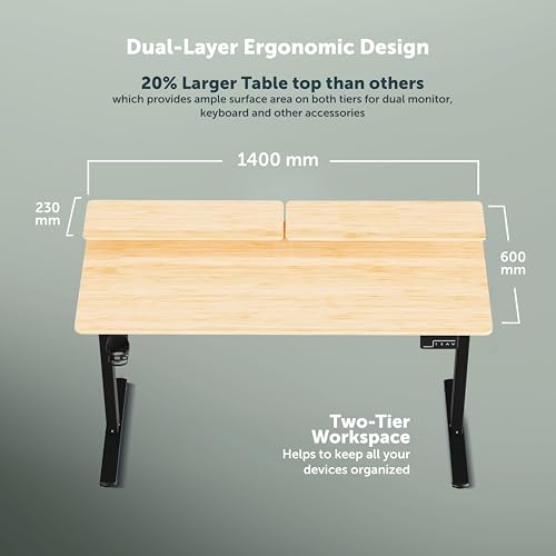 Image of JIN OFFICE Ascend Electric Height Adjustable Desk with Monitor Riser| Standing Desk with Cup Holder | 3 Year Warranty,80 KG Wt. Cap, Memory Presets| Sit Stand Ergonomic Desk 1400 * 600mm Maple Top