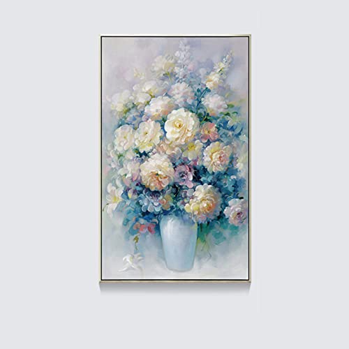 LCDIUDIU Tableau Peinture Huile sur Toile, Blue Texture Pivoine Grappe De Fleurs Vase Feuilles Oeuvre Abstraite Moderne Peintures À l'huile Originales Peintes...