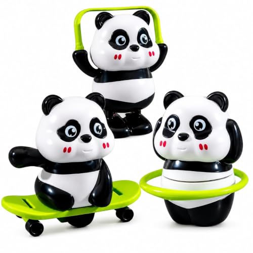 Image of 3 Pcs Cute Panda Action Toy Set for Kids, Interactive Rotating Panda Figures with Skateboard, Hula Hoop & Jump Rope, Fun Moving Play Toys for Boys and Girls Age 3+