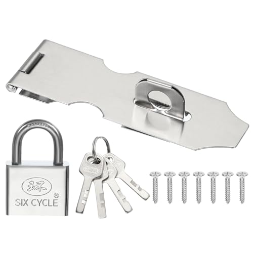 Image of PATIKIL Door Lock Hasp Latch 4.3 Inch, Stainless Steel Safety Hasp Lock Clasp Hinge Packlock(40mm) with Screws /Key for Door Gate Cabinet Closet, Silver