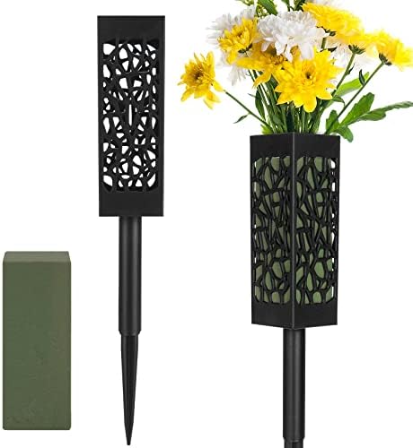 Graves Cemetery Vases with Foam, Fetanten 2 Piece Memorial Cemetery Floral Holders with Long Spike Stake Drainage Holes for Gravestone Grave Garden Yard Ground Outdoor Flower Marker Decorations