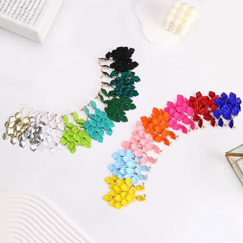 FIBO STEEL Acrylic Petal Earrings for Women Red Statement Earrings Dangle Rhombic Boho Flower Lime Green Orange Rose Big Bold Colorful Costume Jewelry Long Drop Dangle Earrings 6