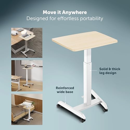 Image of JIN OFFICE Pneumatic Height Adjustable Table Desk | Hydraulic Sit Stand Laptop Table with Wheels and Foot Pedal for Height Adjustment| Portable Laptop Standing Desk (White Frame with Maple Top)