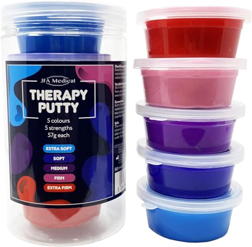 JFA Medical Therapieknete 57g, 5 verschiedene Stärken, 5 alternative Farben, Putty für Handtraining, Therapie Knetmasse Knete