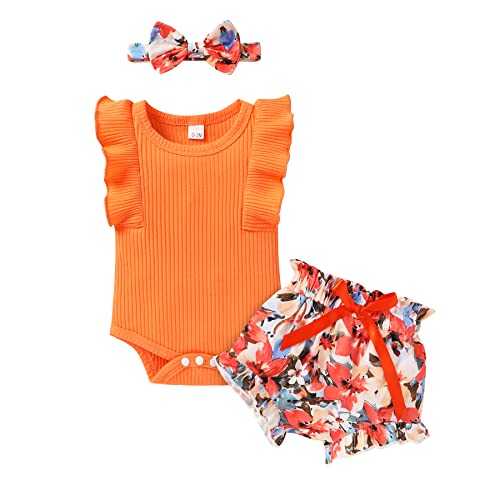 Tiny Cutey Baby Girl Clothes Infant Summer Outfits Set Ruffle Sleeve Romper And Floral Shorts With Headband (Orange Romper+Bow Knot Flowers Outfits, 0-3 Months) #TOP4
