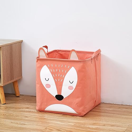 Image of House of Quirk Cotton Linen Collapsible Square Storage Baskets Cute Kids Toys Storage Organiser for Laundry Basket Organizer Home, Bedroom, Dorm, Clothes (Orange), 32 cm , 32 x 32 x 32 cm