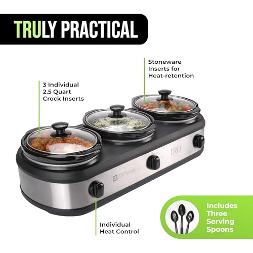 TRU Triple Buffet Server - Three 2.5 Quart Removable Crock Inserts - Slow Cooker & Food Warmer with Individual Heat Control - Includes Lid Rests & Serving Spoons