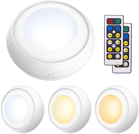 LUXSWAY Battery Powered Push Lights, Wireless Puck Lights, Dimmable Under Cabinet Lights with Nature/Warm/Cool Light, Remote Control Stick on Lights for Closet Cabinet Stair,Timer ON/OFF- 4Pack