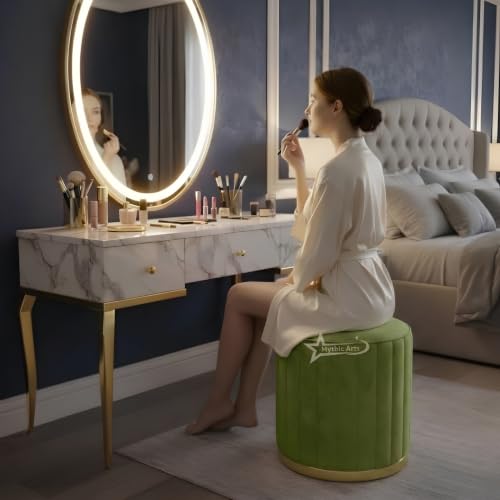 Image of Upholstered Round Linen Strip Stool Living Room Foot Rest Office Stool Pouf Ottoman Padded Seat (Pista Green)