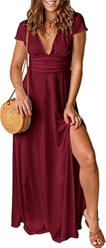 xuntao Vestidos de Mujer Manga Corte Boho con Cuello en V Vestido Color Sólido Maxi Rojo M