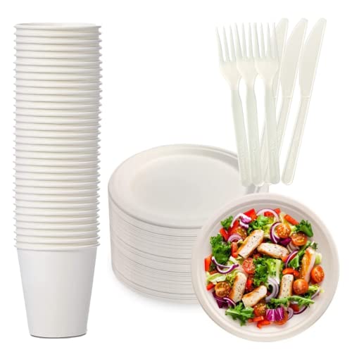 SALO GREN - biologisch abbaubares Set für 25 Gäste - Premium Einweggeschirr - inkl. 25 Speiseteller - 25 Gabeln - 25 Messer - 25 Becher - Einweggeschirr - recycelbar, kompostierbar, 100 Stück Cover