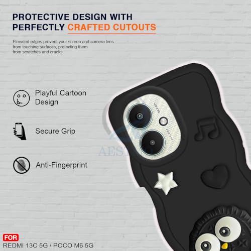 Image of AESTMO Back Case Cover for Redmi 13C 5G / Poco M6 5G | 3D Cute Fun Cartoon Characters | Anti Slip Grip Cute Wave Curly Frame Shape | Back Cover for Redmi 13C 5G / Poco M6 5G | (Black)