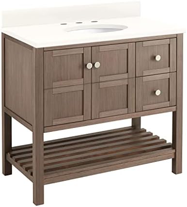 Signature Hardware 953313-36-UM-8 Olsen 36" Single Vanity Set with Wood Cabinet, Stone Vanity Top, and Oval Undermount Porcelain Sink - 8" Faucet Holes - Ash Brown/Arctic White