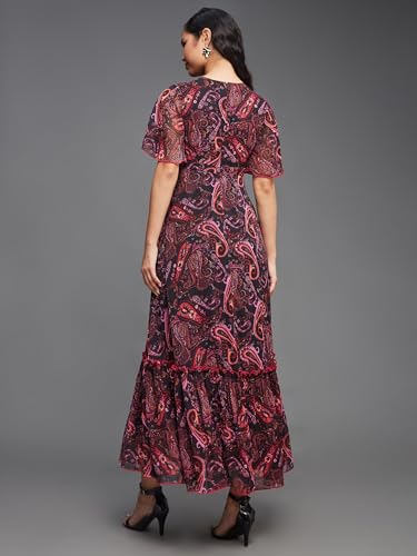 Image of Miss Chase Women's Multicolored-Base-Brown Relaxed Fit Maxi Lurex Chiffon Dress
