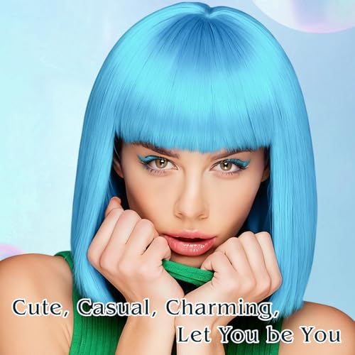 Image of PLULON Light Blue Bob Wig with Bangs, Short Straight Bob Wig with Heart Sunglasses 12 Inch Shoulder Length Heat Resistant Synthetic Hair Cap for Women Natural Look Daily Use Cosplay Costume Party