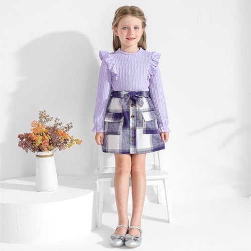 Image of Weixinbuy Toddler Girl Fall Winter Clothes Solid Long Sleeve Ribbed T-Shirt Knit Tops Plaid Button Mini Skirts Set Outfits