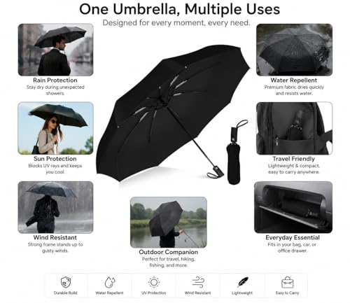 Image of BENAVJI Portable Foldable Automatic Umbrella for Men & Women | Windproof & Waterproof Travel with Anti-Slip Handle & Wrist Strap | Compact