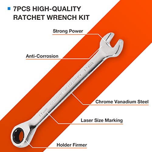 Lfgud Ratchet Combination Wrench Kit, 7 Piece Set, 8Mm-19Mm, Chrome Vanadium Steel, Full Polished 72 Tooth Box And Open End Standard Garage Tool Set For Mechanics, Wrench Set With Storage Box #TOP3