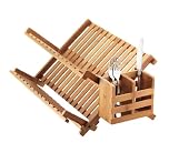 HOMION Dish Drainer Drying Rack Folding 2 Tier Drainer Dish Drying Rack with Cutlery Holder Utensils Holder Set Engineered Wood X-shape Easily Foldable Compact and Space Saving Tidy Plates