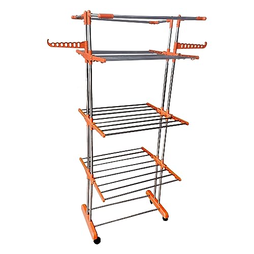 Image of HOUZA Premium Stainless Steel Cloth Dryer Stand with Wheels | Foldable Cloth Stand for Household, Balcony, Home & Outdoor, | Portable & Rustproof (4-Tier)- Orange