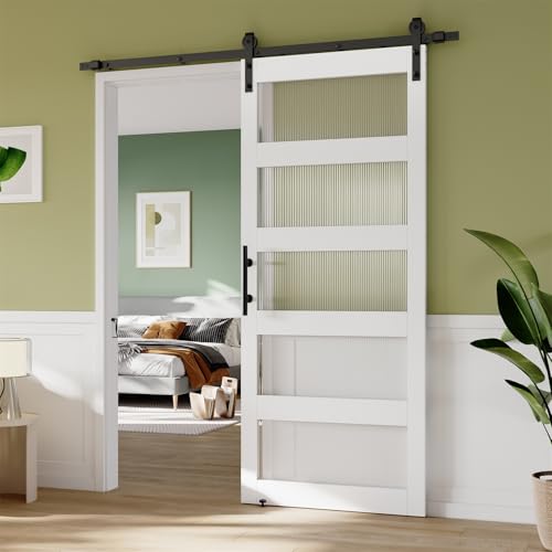 Bestier 36in x 84in MDF Glass Barn Door with 6.6ft Hardware Kit, Glass Sliding Door with Lock and Floor Guide, Waterproof Surface, Easy Assembly, Heavy Duty, White - Thumbnail 2