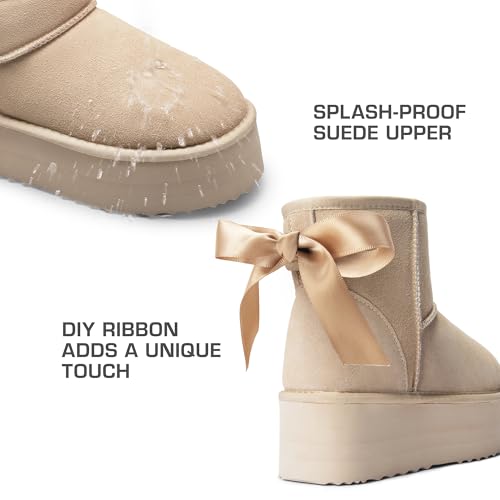 DREAM PAIRS Genuine Suede Classic Platform Boots for Women Water Resistant FuzzyClassic Ankle Winter Snow Low Boots with DIY Bows Faux Fur Lining Memory Foam Anti-Slip,Size 7.5,Sand,SDSB2428W