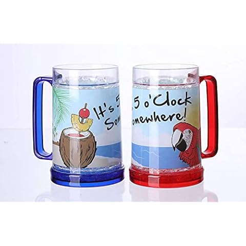 Easicozi It's 5 O'Clock Somewhere Party Parrot Double Wall Gel Frosty Freezer Ice Mugs Clear 16oz Set of 2 Cover