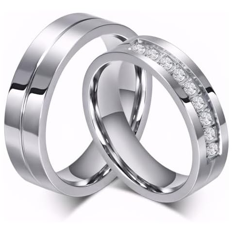 SWOPAN Couple Rings for Him and Her Stainless Steel Matching Promise Ring Princess Cut Bridal Wedding Bands Engagement Ring Cubic Zirconia CZ Rings for Women Men Lover Jewelry Gifts, Women US Size 10 Cover