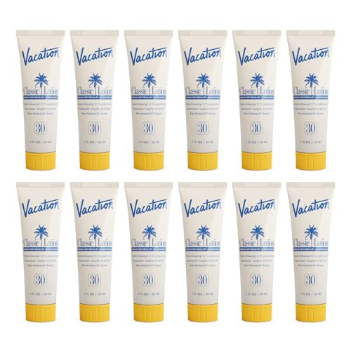 Vacation Mini Classic Lotion SPF 30, Water Resistant, Broad Spectrum Bulk Sunscreen, Travel Size, Bachelorette Party Favors, Beach Essential, 1 fl. oz. (Pack of 12)