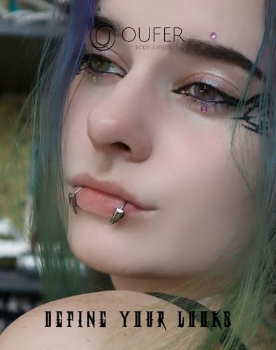 OUFER 2PCS Fake Lip Rings, Vampire Fangs Lip Cuff Piercing Jewelry Hoops, Adjustable Faux Non-Piercing Labret Piercing Jewelry For Women Men-Silver/Black2