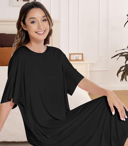 Image of NACHILA Women's Nightgowns-Viscose Made from Bamboo, Soft Sleepshirts Half Sleeve Nightshirt Cool Sleepdress with Pockets