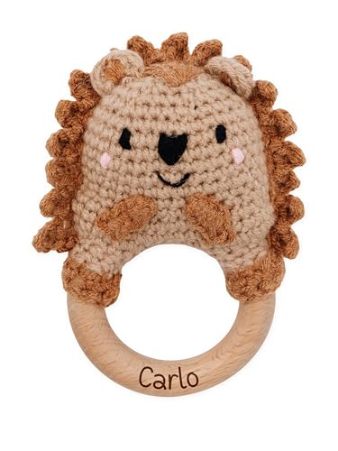 wunderwunsch - Personalisierter Beißring Baby - Niedlicher Greifling für Baby's ab 0 Monate - Babyrassel mit Name als Baby Geschenk für Mädchen und Jungen (Igel, mit Name)